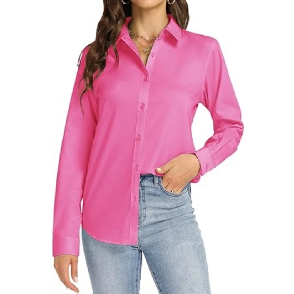 Button Down Long Sleeve Stretch Solid Work Shirt Hot Pink